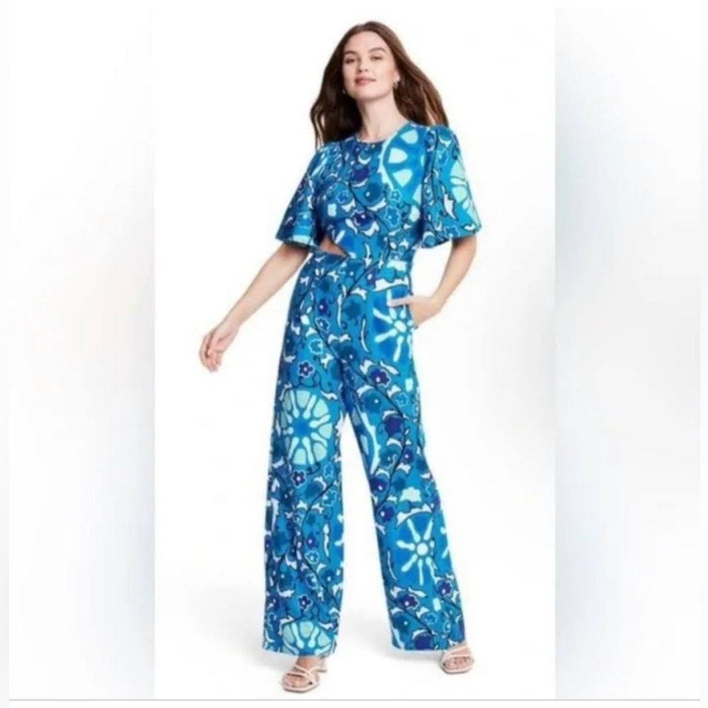 RHODE X Target Zinnia Floral Print Bell Sleeve Cut Out Jumpsuit blue/light blue